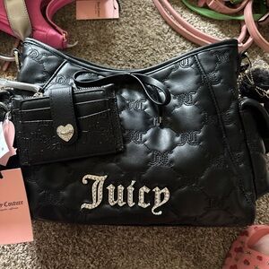Juicy Couture Black Quilted Logo Shoulder Bag with Rhinestone 'Juicy' Script